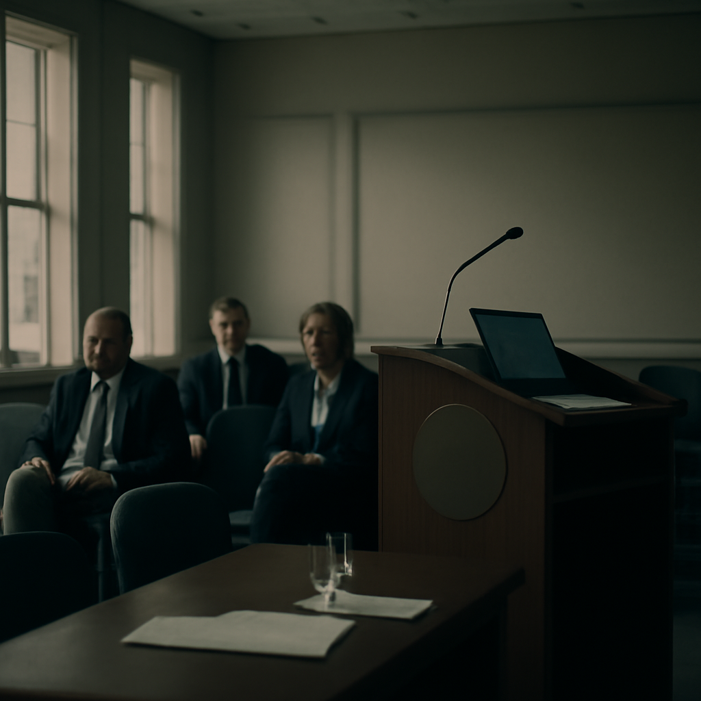 NSA personnel in business attire sit in a partially-lit government briefing room with a central podium and tall windows.