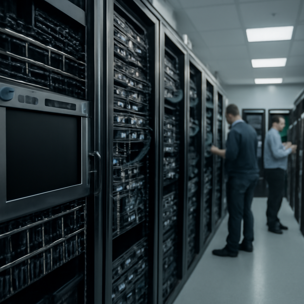 Server room with technicians in background and single server in foreground.