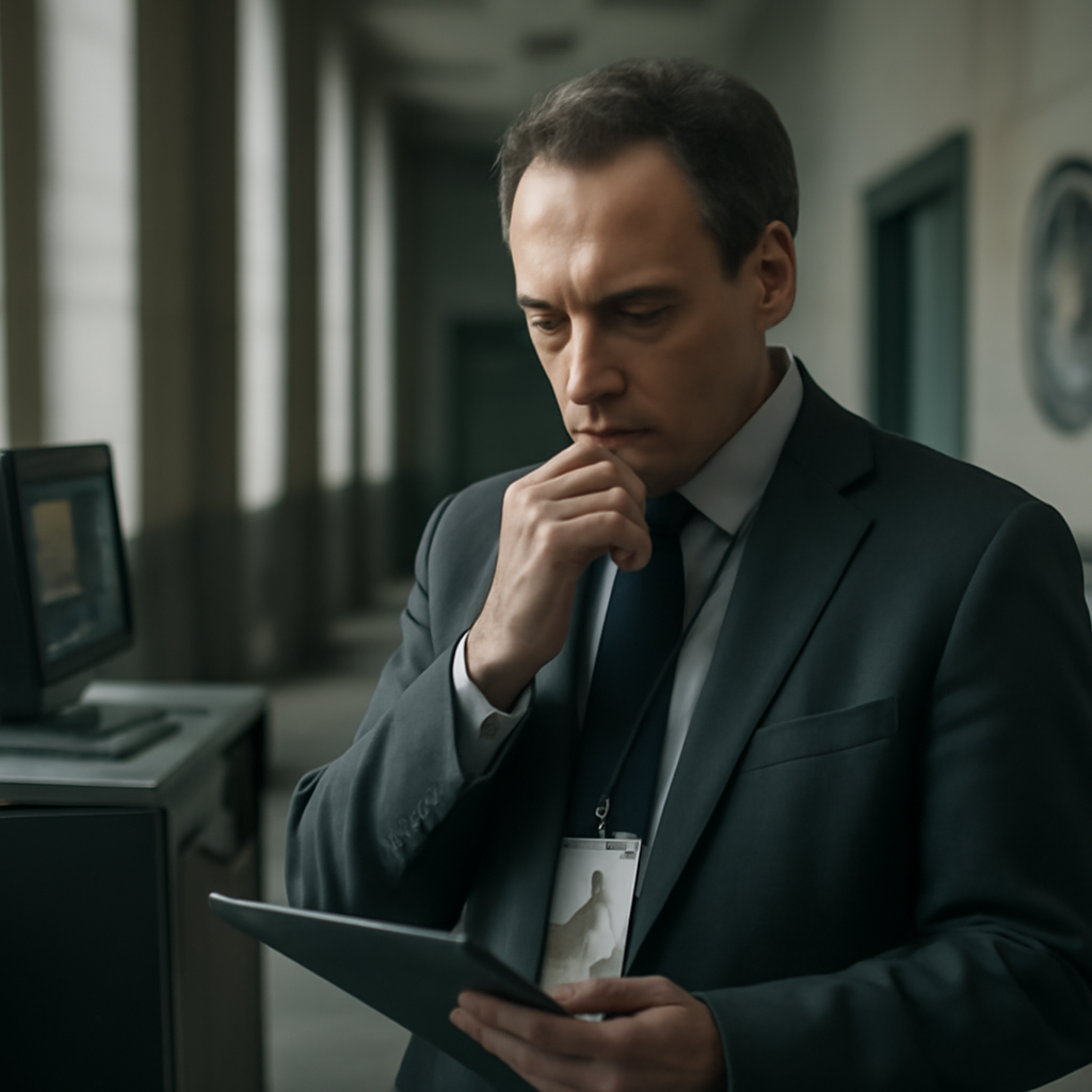 Person in formal hallway with security badge and computer terminal nearby.