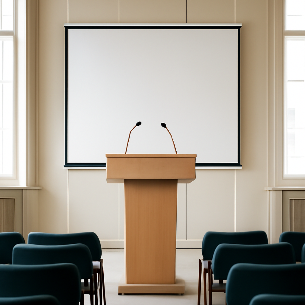 Formal conference setting with empty podium and chairs facing it.