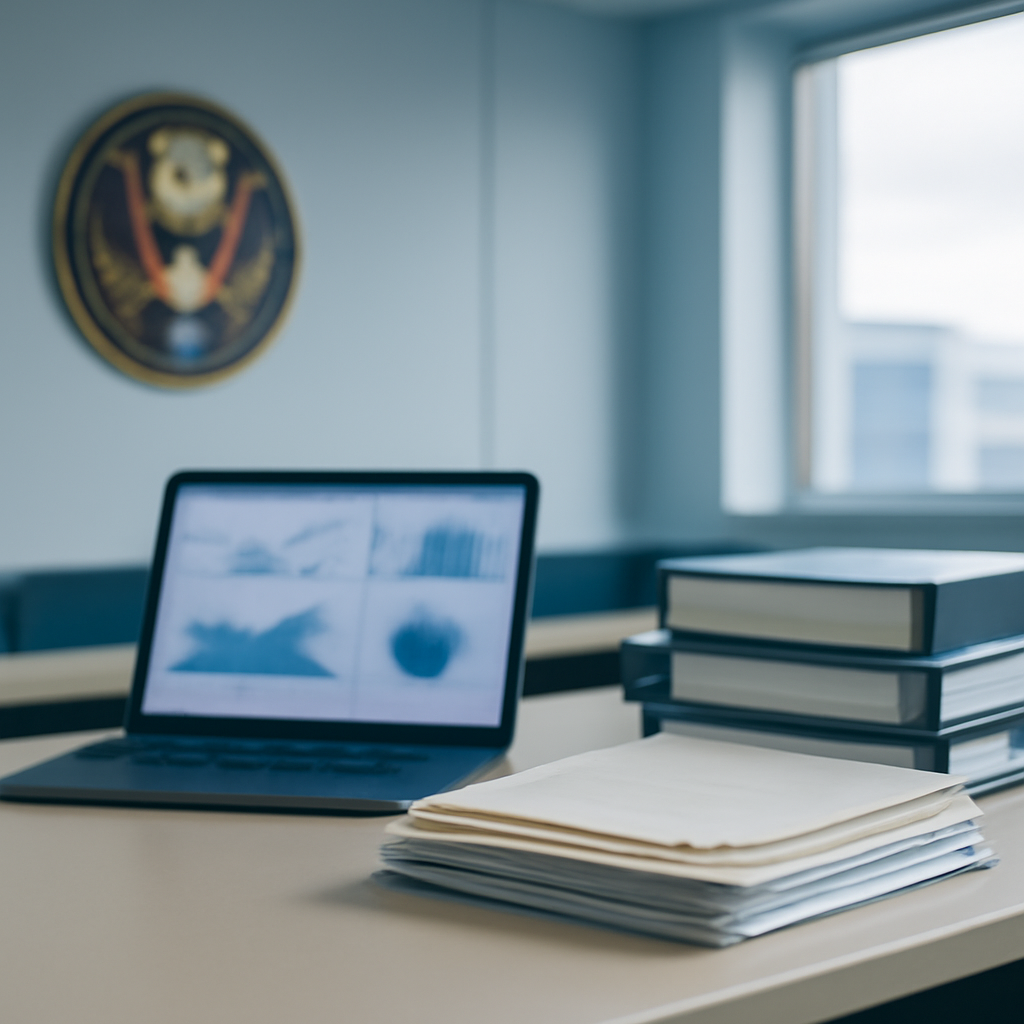 Government agency setting with a laptop screen on a plain surface.