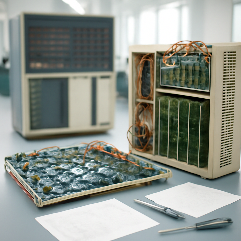 Vintage supercomputer components laid out on a workbench in a brightly-lit lab.