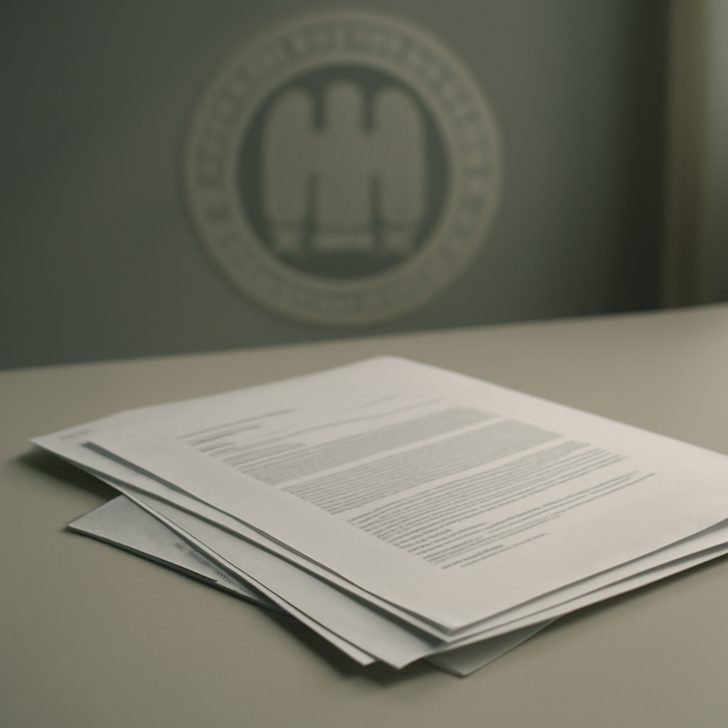 Partially obscured formal document on a plain surface with subtle NSA emblem in background.