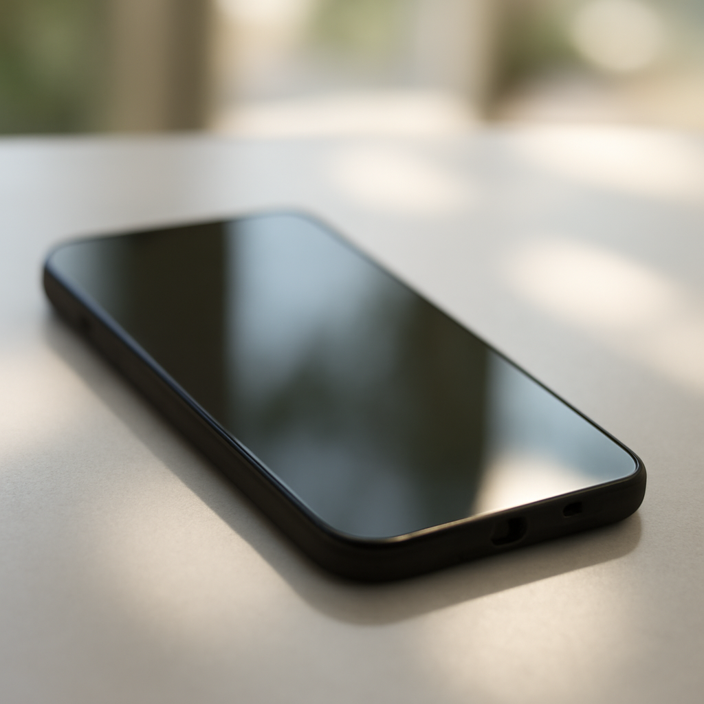 Smartphone on a plain surface with subtle screen reflection in natural light.