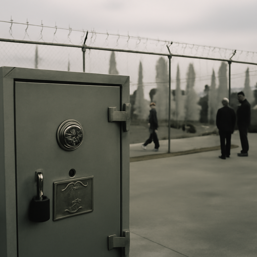 Rows of nuclear warheads stored in a secure, fenced area under daylight.
