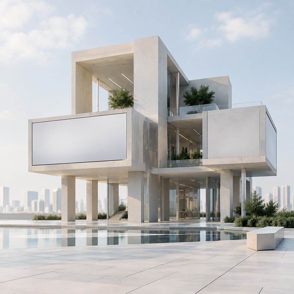 Sleek, modern structure with interconnected pillars and blocks in balanced composition.