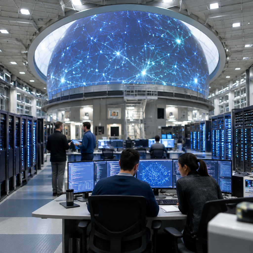 Engineers work around a large, circular dome-shaped structure surrounded by computer servers and workstations in a…