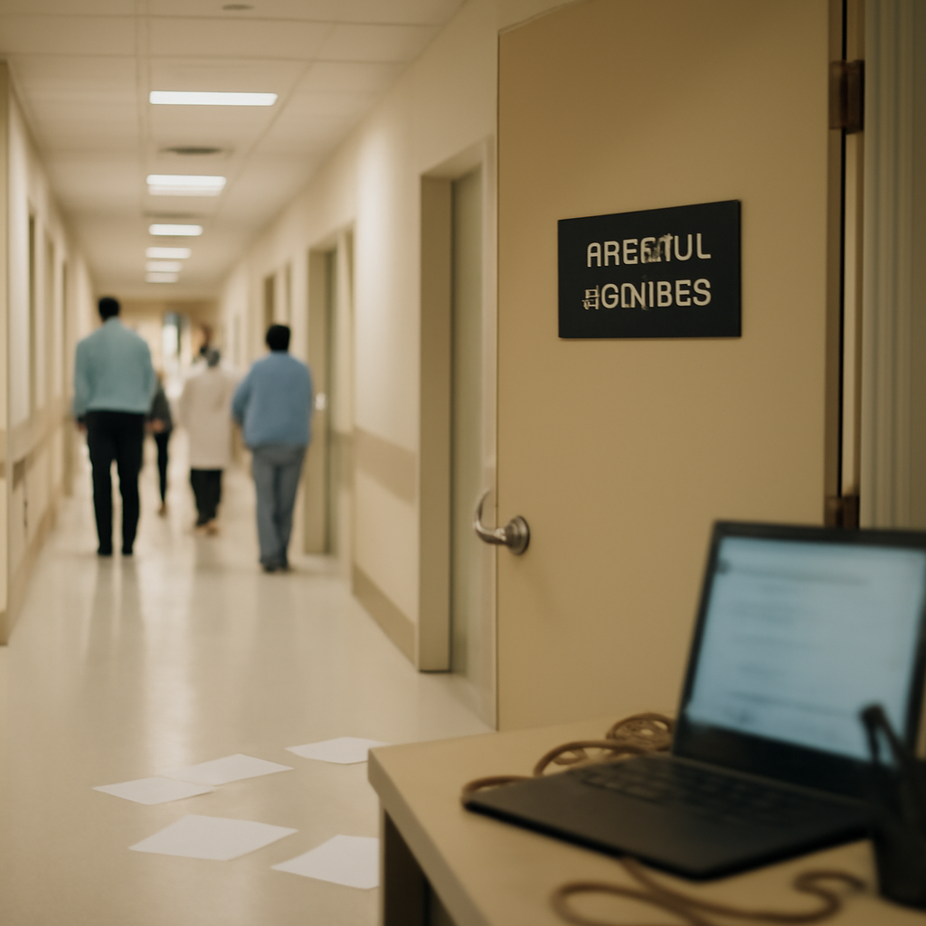Hospital corridor with papers scattered, laptop and office supplies nearby, hinting at a breach.