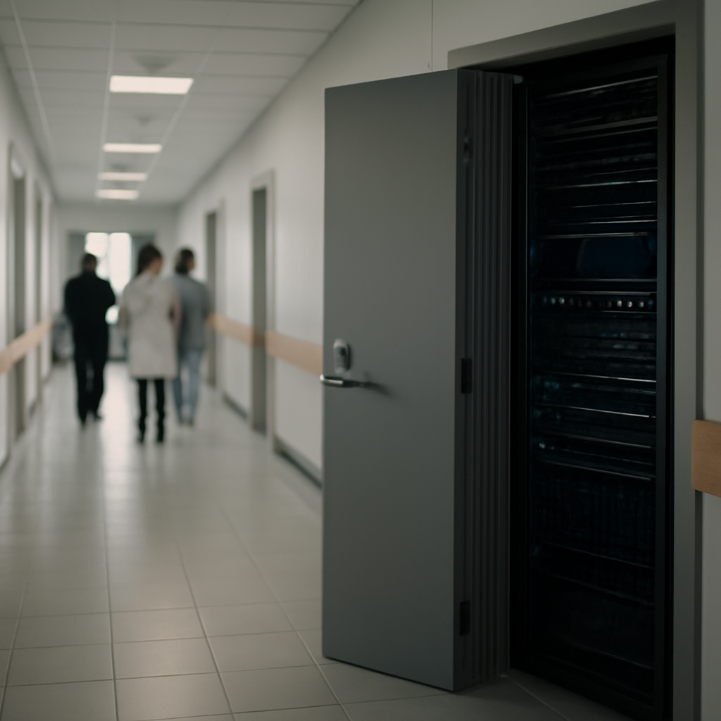 Hospital corridor with server room door ajar, employees in blurred background.