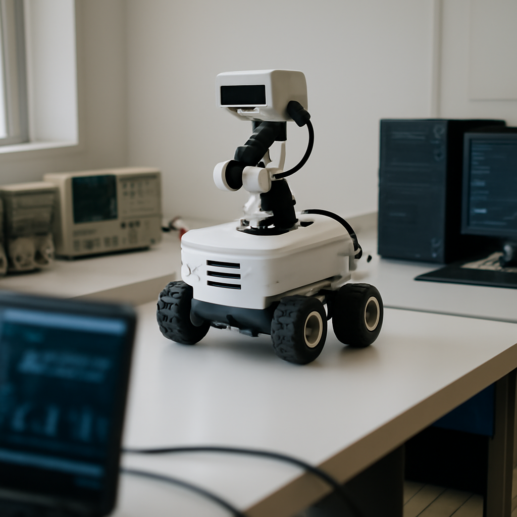 Robotic system surrounded by computing equipment in a bright laboratory setting.