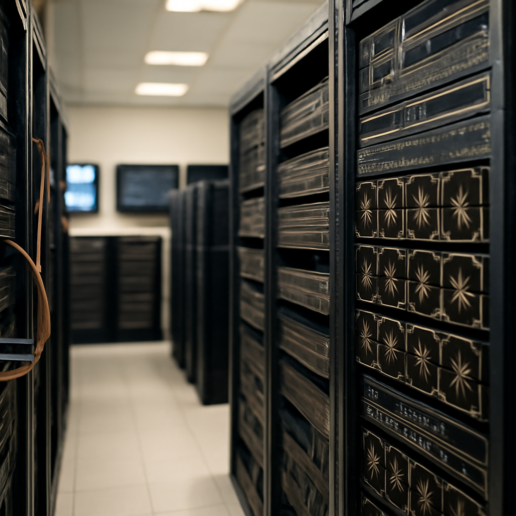 Rows of computer servers and GPU equipment in a data center with cables, racks, and monitoring screens in the background.