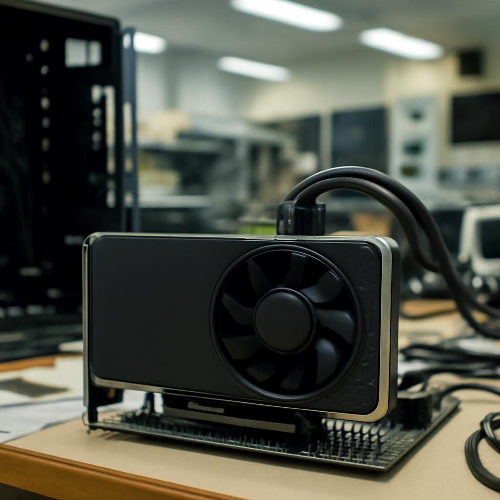 Close-up of NVIDIA graphics card in partially disassembled computer on cluttered laboratory desk.