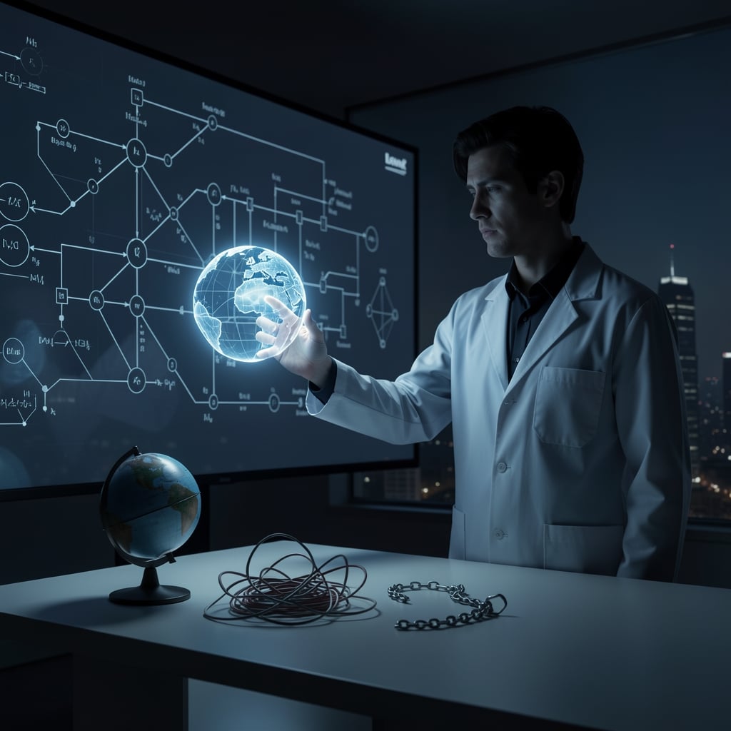 Person in lab coat interacts with glowing orb in front of quantum circuit diagram display.