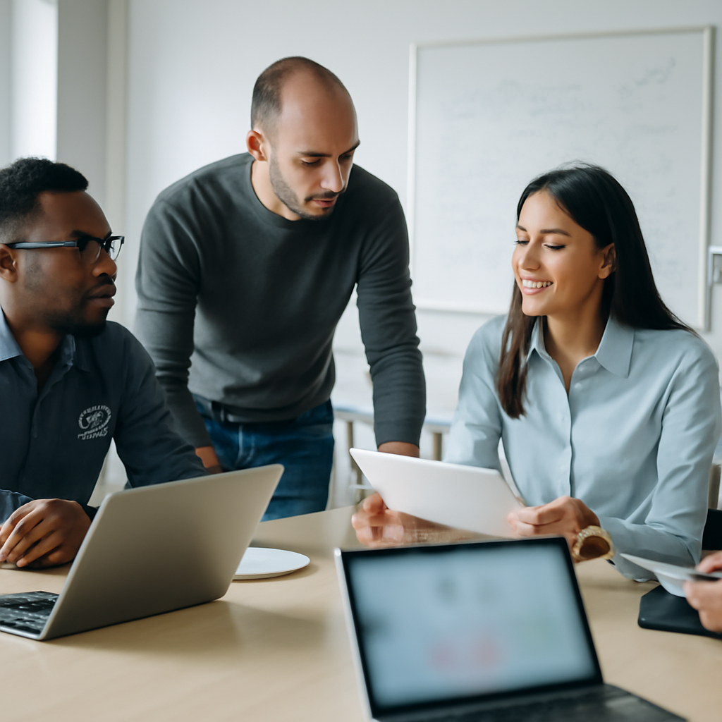 Diverse professionals gather around a large table in a bright, neutral room, engaged in discussion and reviewing technology.
