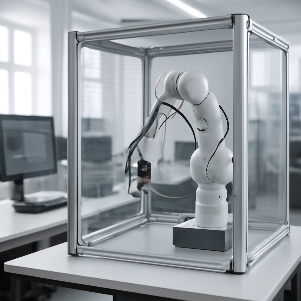 Secure AI agent operates within transparent enclosure in lab setting.