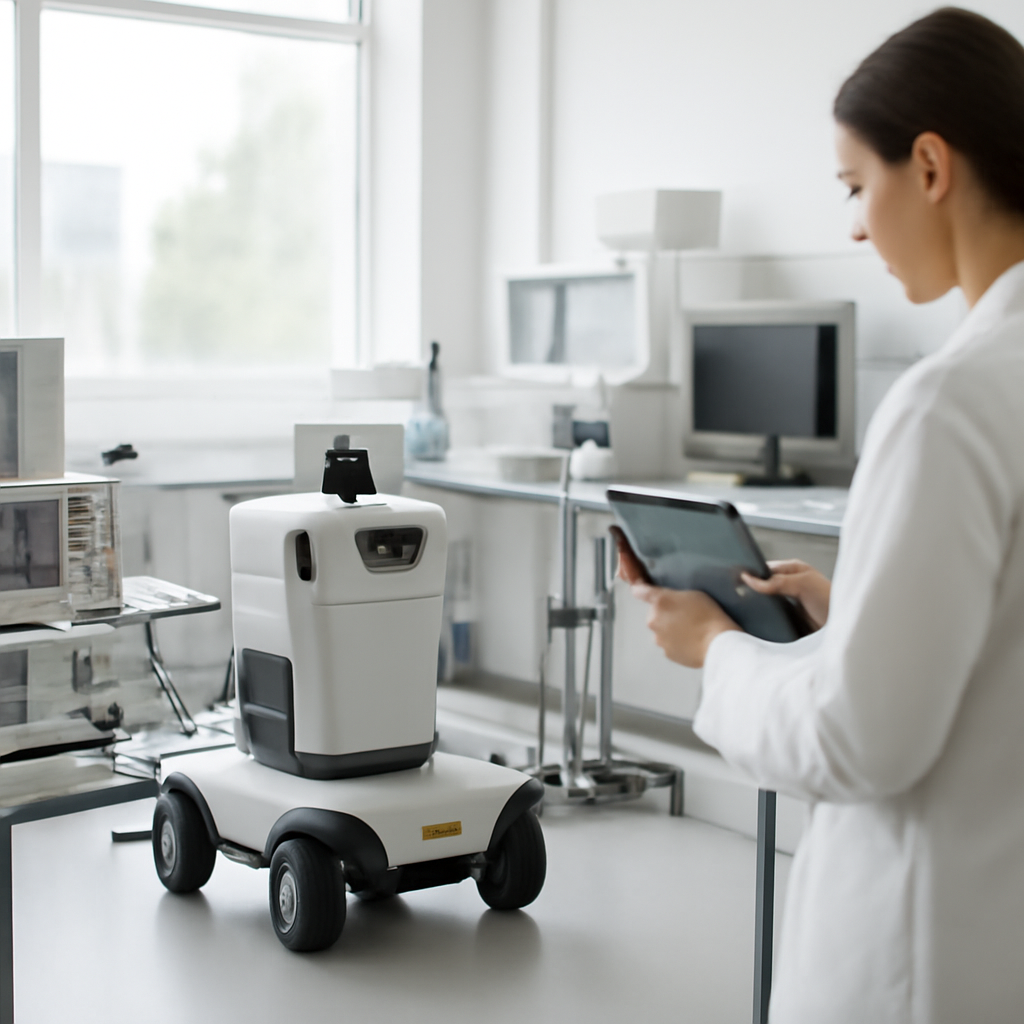 Lab technician examines tablet near autonomous system in testing lab.