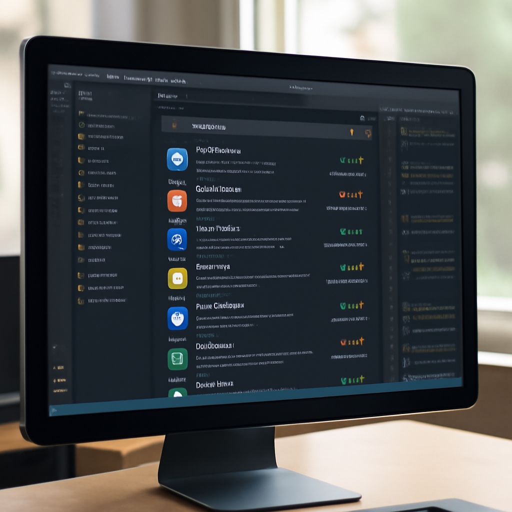 Code editor interface with open plugin panel, generic computer screen and daylight in background.