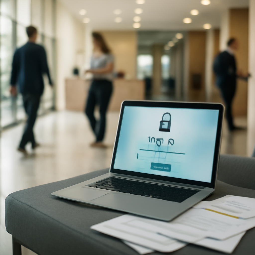 Laptop lies open on a low table in a modern office lobby with blurred people in the background.