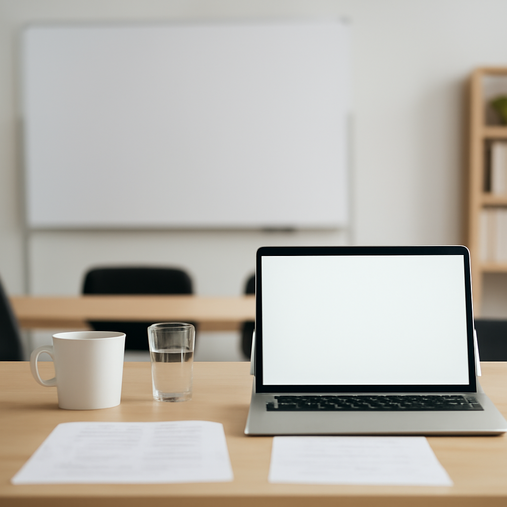 Modern office setting with laptop, papers, and a coffee cup on a table.