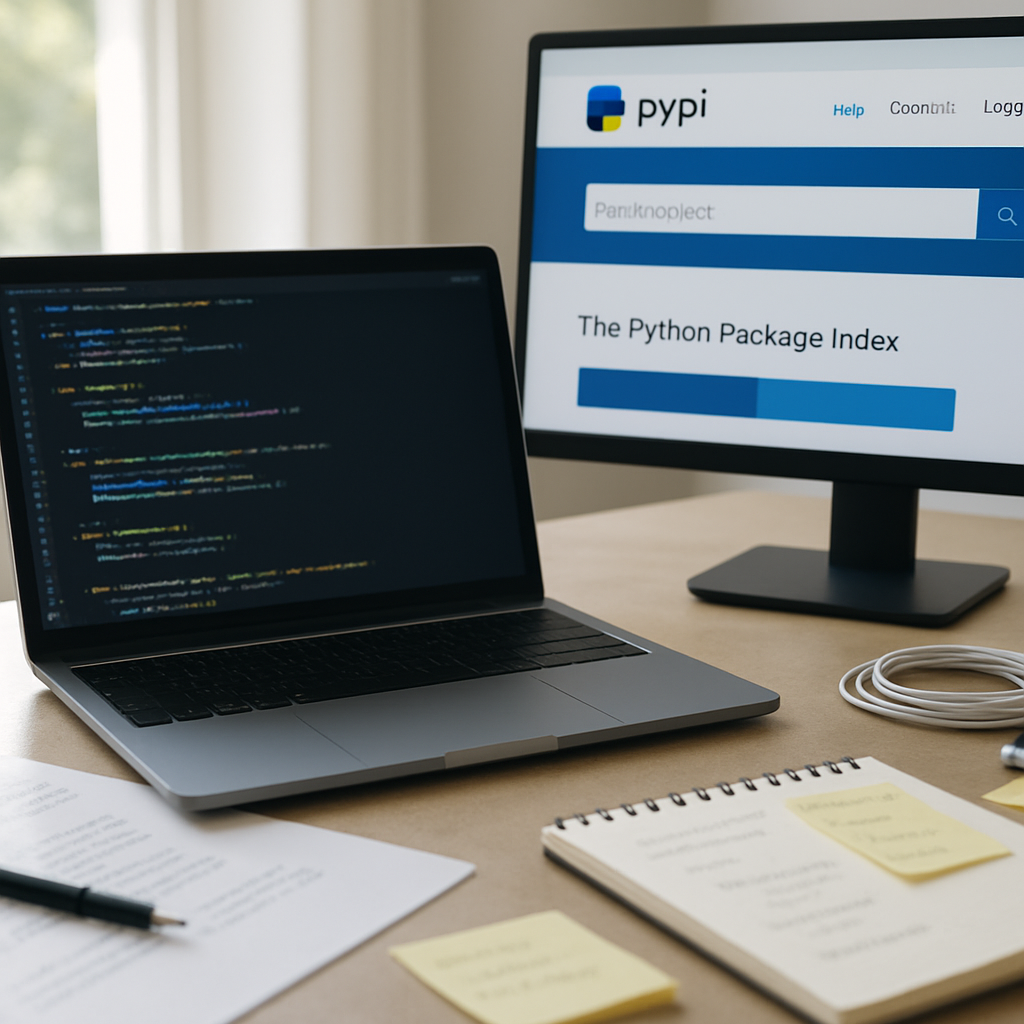 Software development environment with laptop, PyPI webpage, and tools on a cluttered desk near a window.