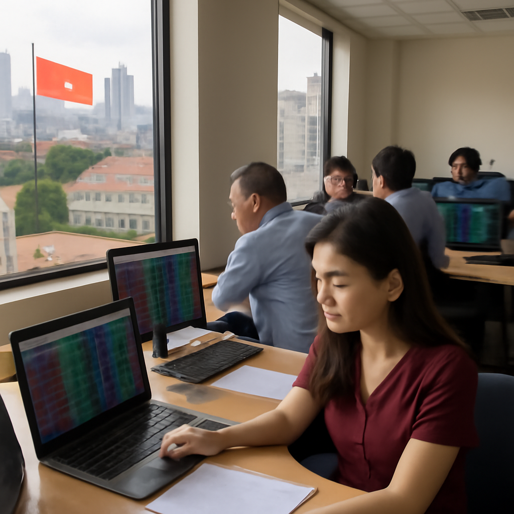 Busy office in Vietnam with cityscape view and people working at desks.