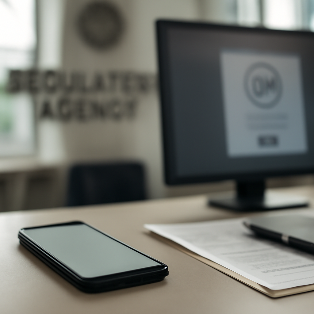 Smartphone on a table with papers and pen, in a regulatory office setting.