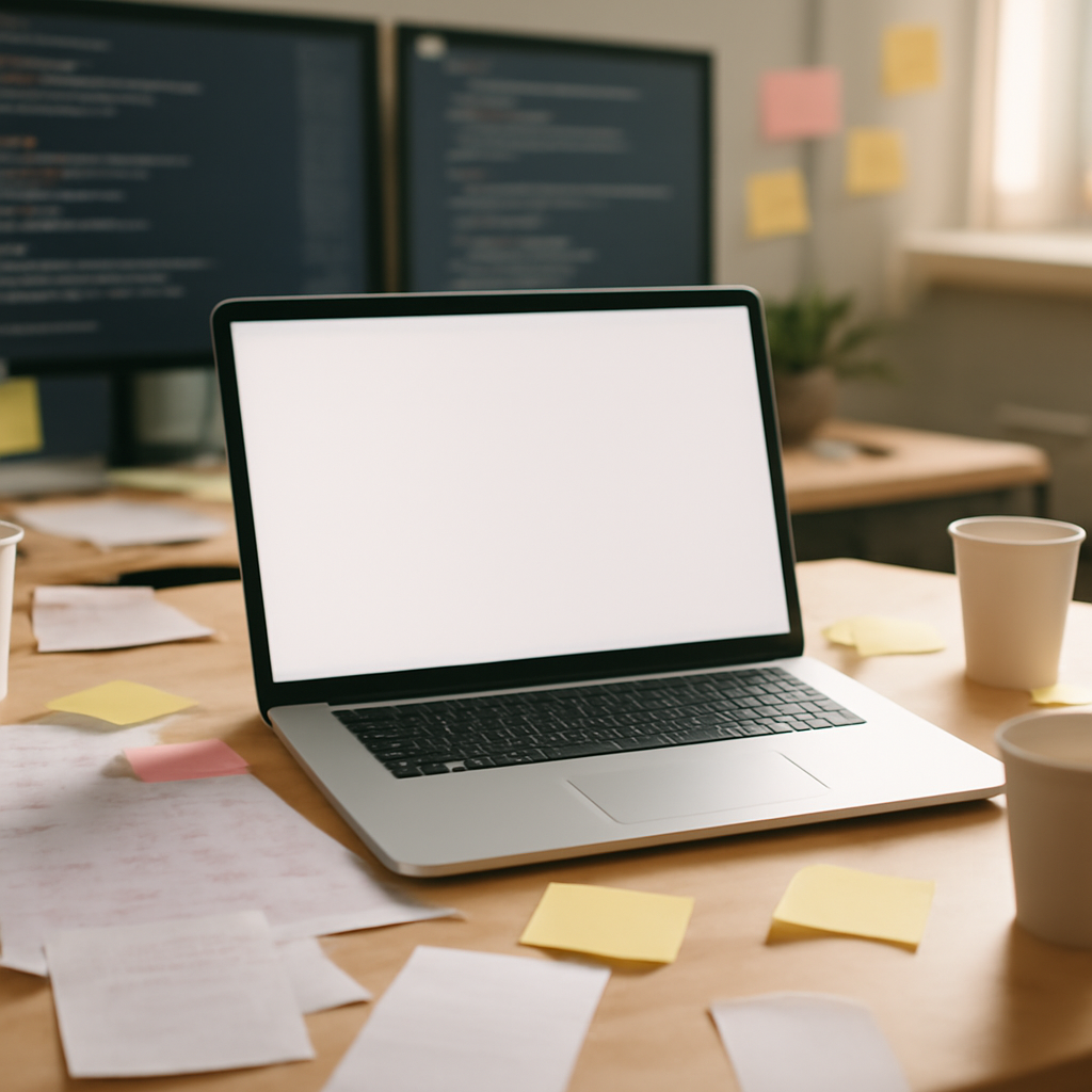 Cluttered developer workstation with laptop, papers, and coffee cups.