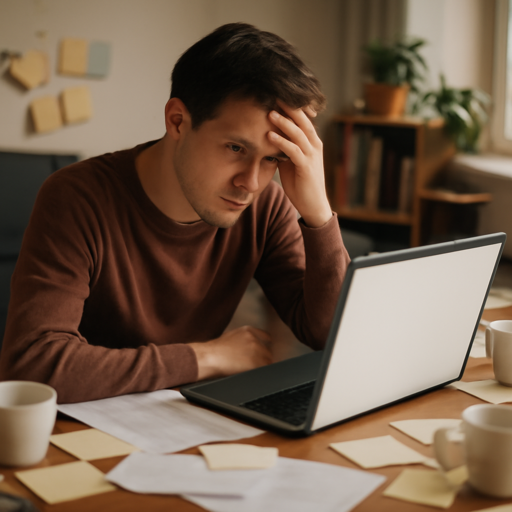 Person sits at cluttered desk with laptop and papers in a home office setting.