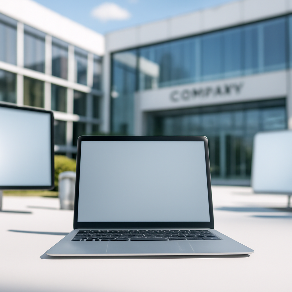 Modern tech facility with a laptop on a neutral surface, surrounded by blurred screens and devices, conveying innovation…