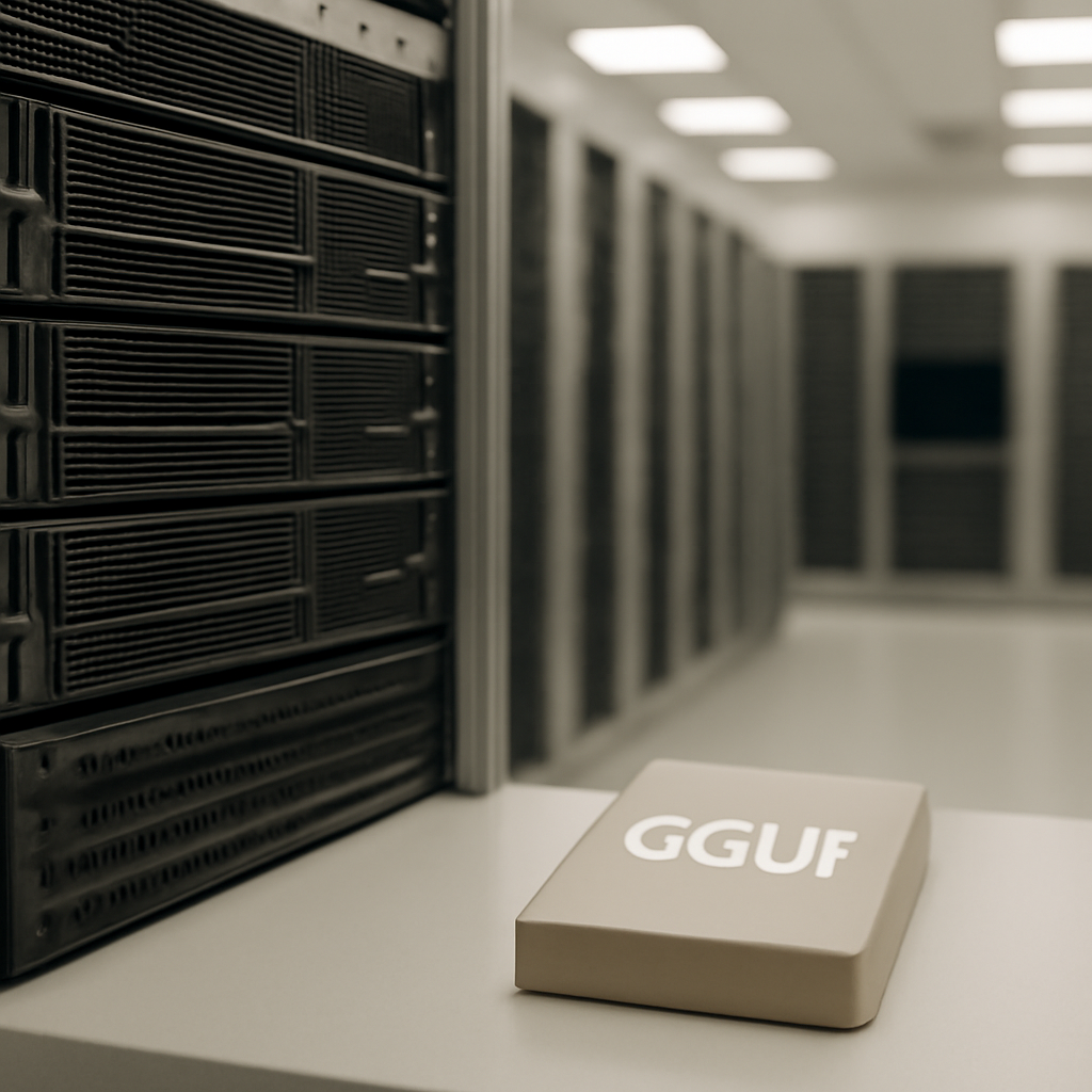 Server room with rows of equipment and a single server in the foreground, GGUF file on nearby surface.