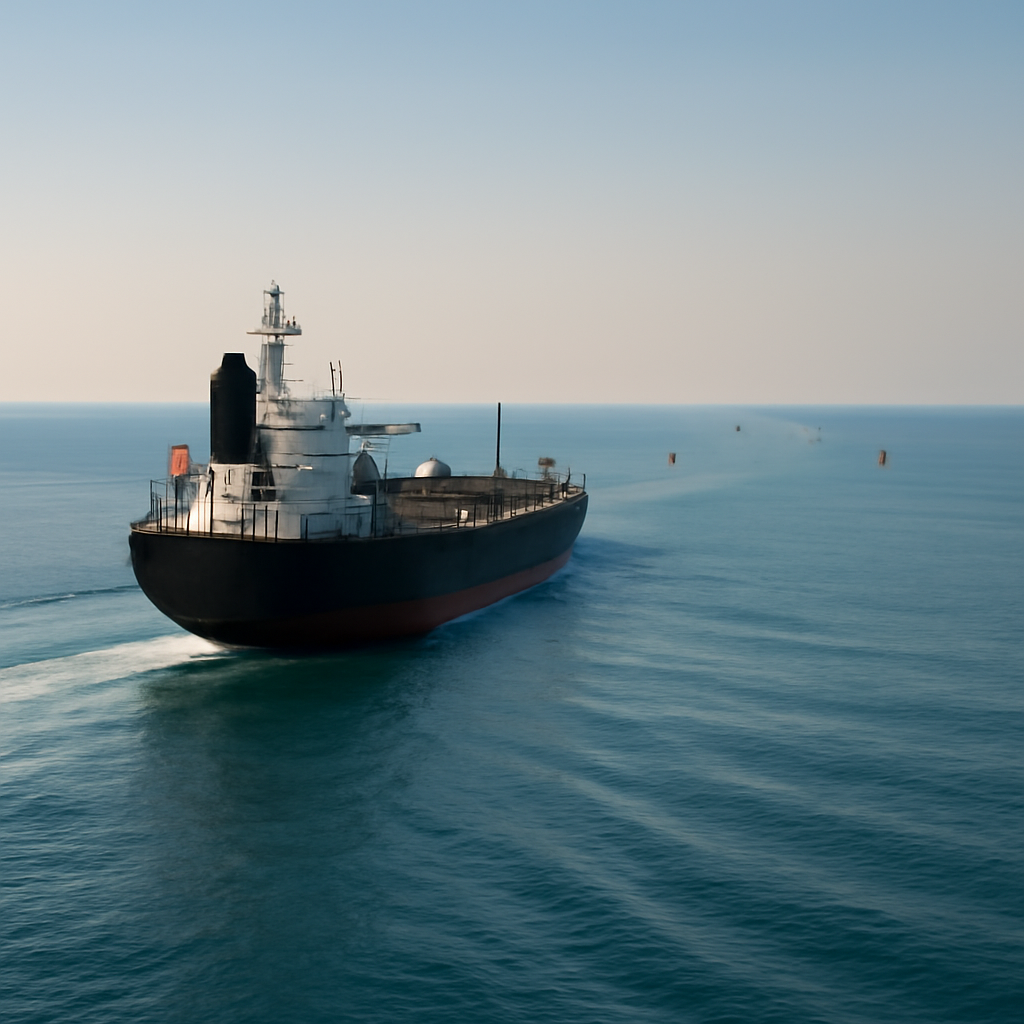 Ship navigating through calm Strait of Hormuz waters with buoys in distance.