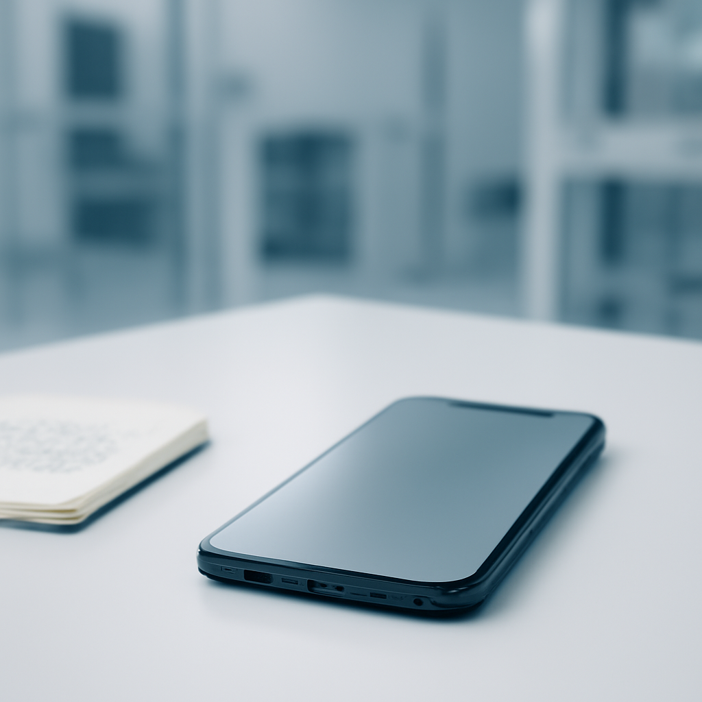 Smartphone on a clean table with blurred tech environment background.