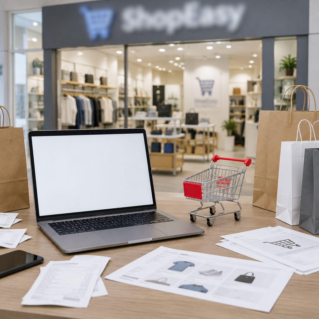 Retail storefront counter with laptop, shopping cart, and scattered papers, suggesting fake online store activity.