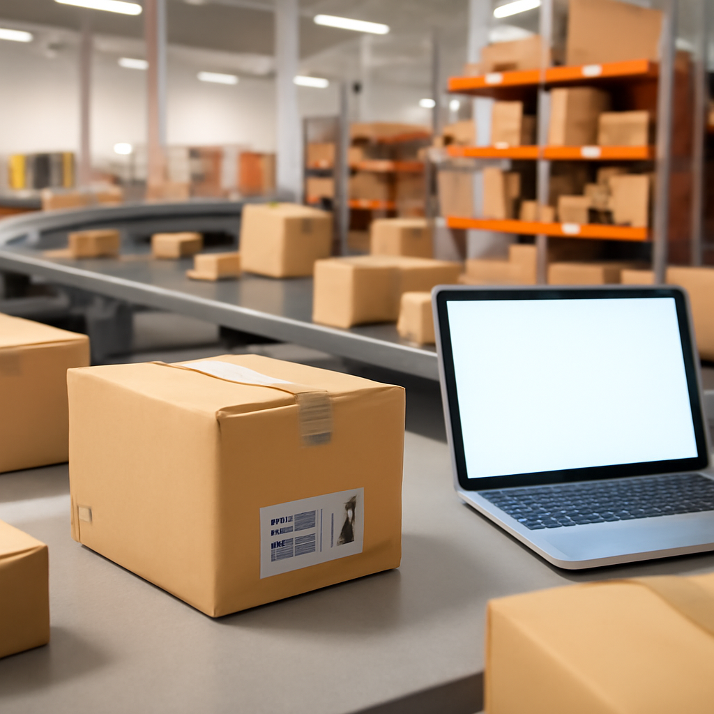 Parcel delivery facility with packages and equipment, laptop screen blurred in background.
