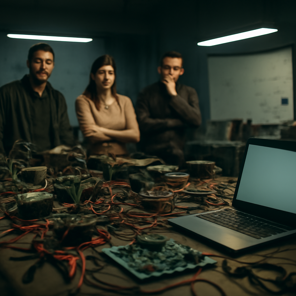 Cluttered workshop with scattered electronics and concerned people.