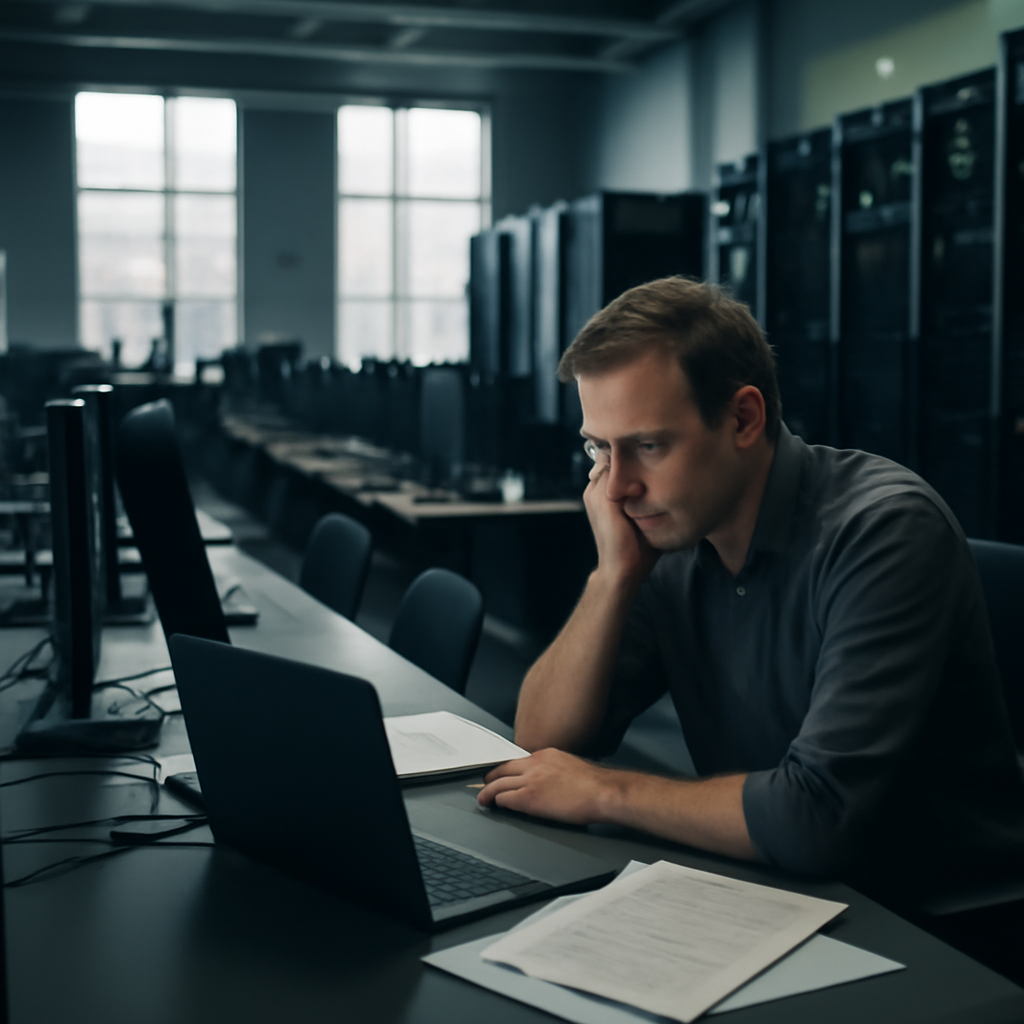 Dimly-lit data center with rows of computer workstations and server racks.