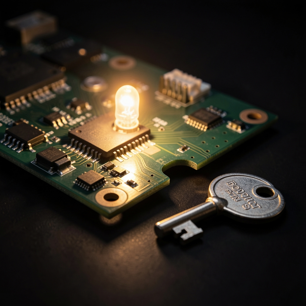 Close-up of a partially disassembled circuit board with glowing LED and a small key, symbolizing open-source hardware trust.