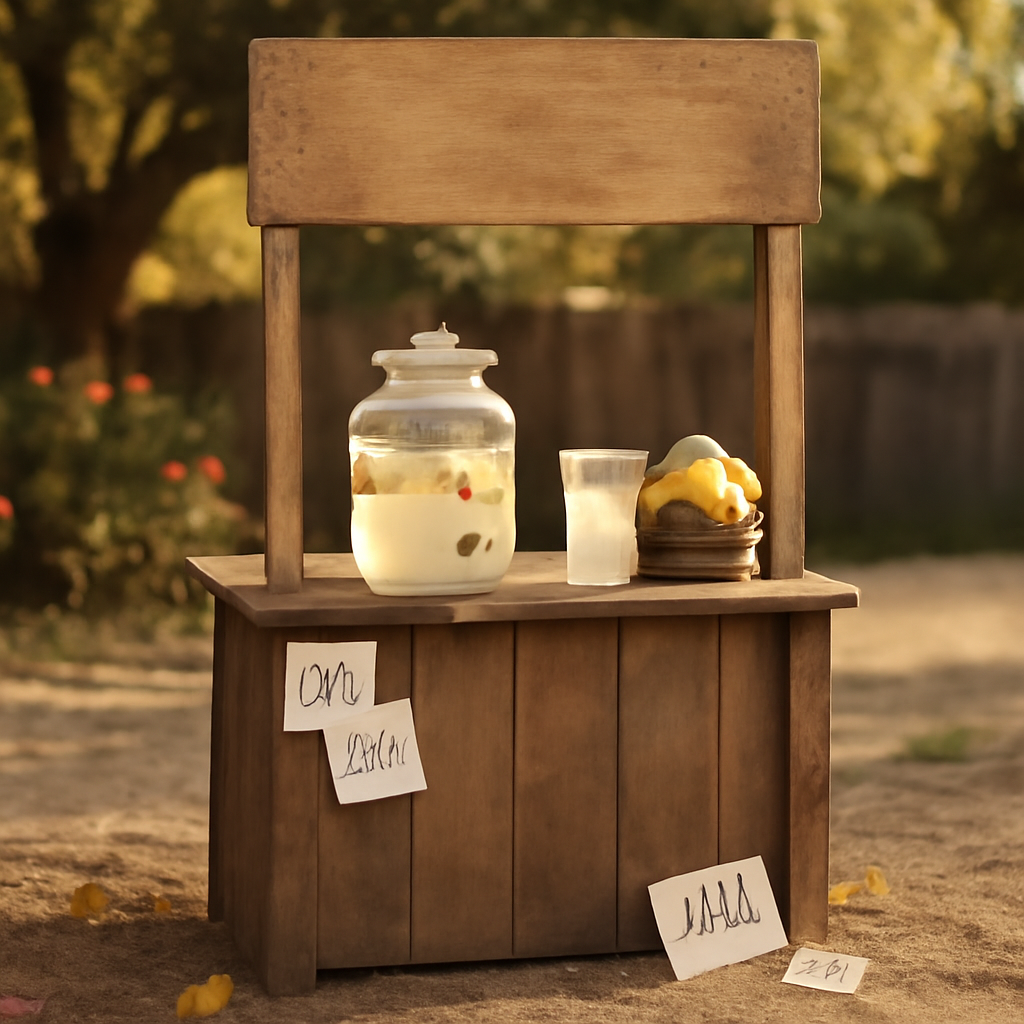 Small, rustic lemonade stand with scattered leaves and IOU notes nearby.