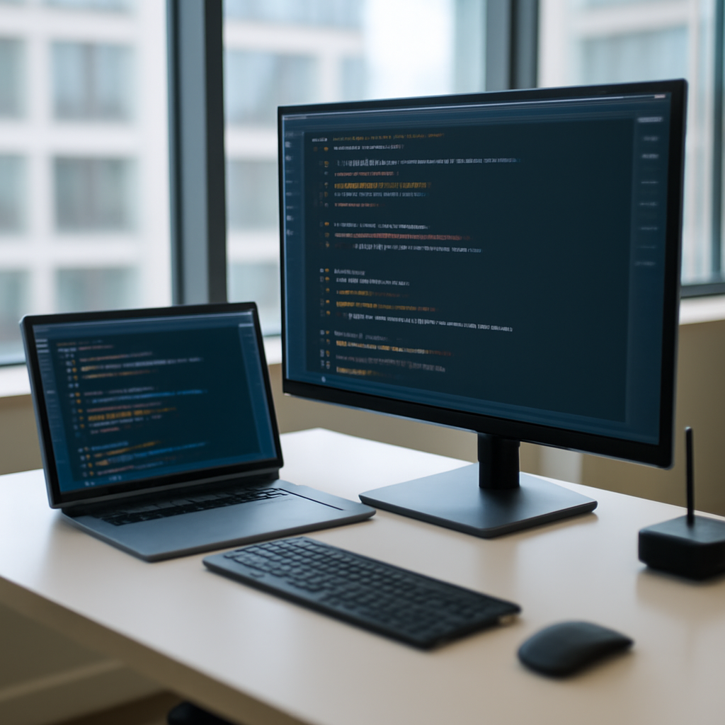 Developer workstation with laptop and monitor on a clean desk, code editor open on screen.