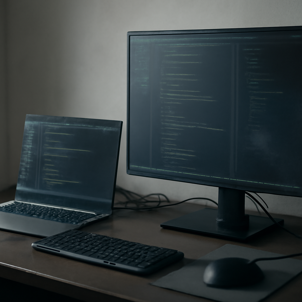 Developer workstation with laptop and monitor showing code, hinting at vulnerability.