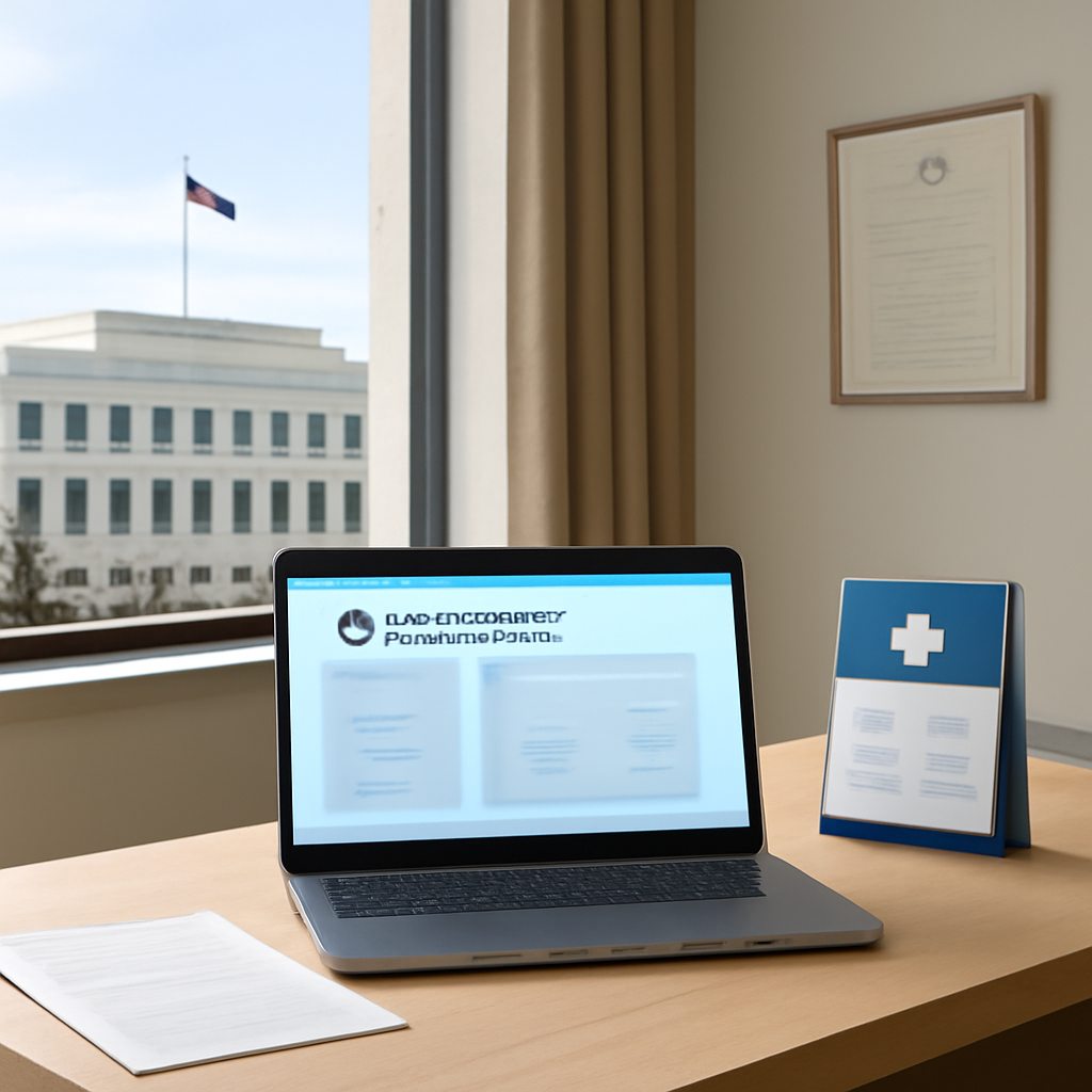 Government office interior with laptop showing blurred database screen and papers on desk, hinting at healthcare data.
