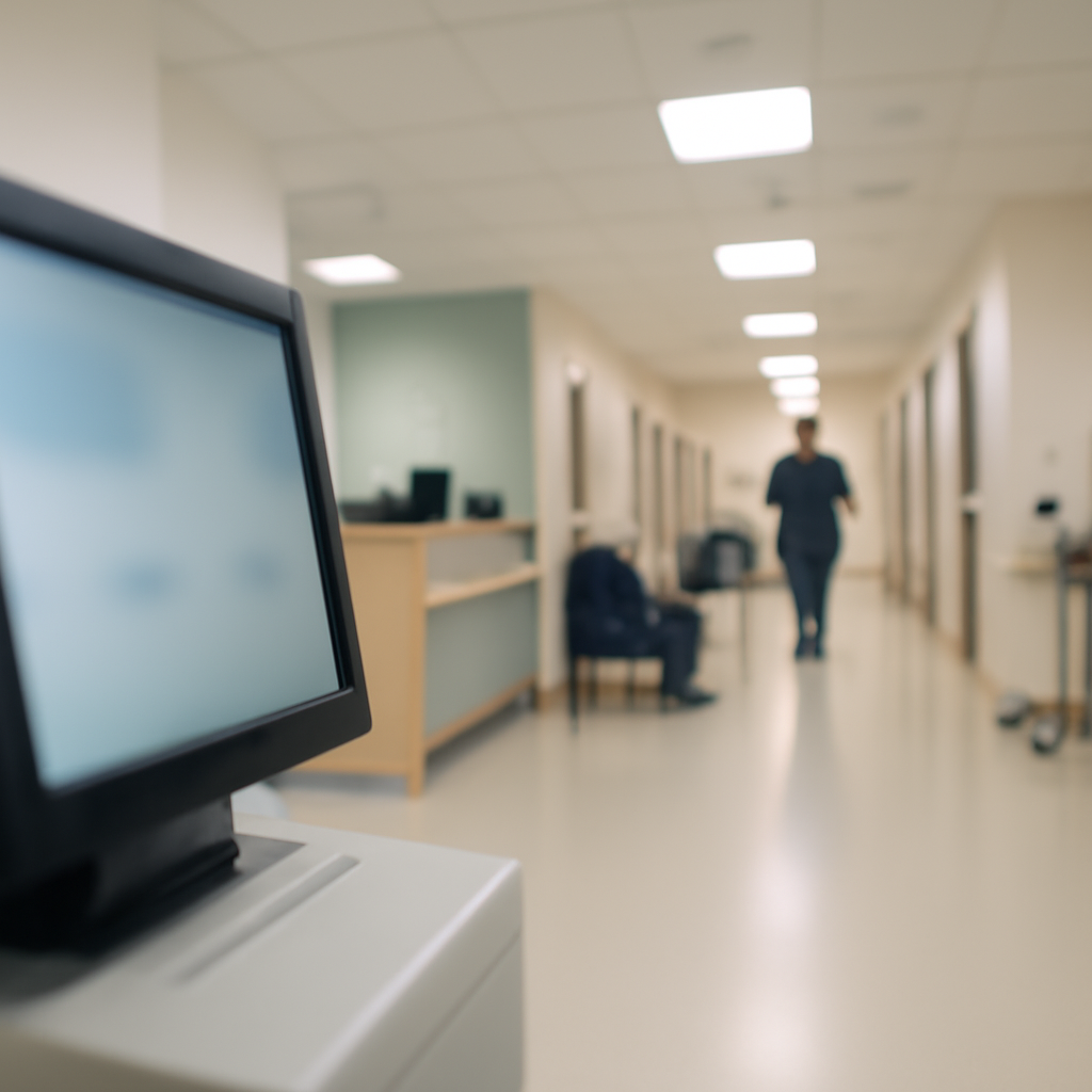 Blurred computer terminal in foreground of Australian hospital corridor.