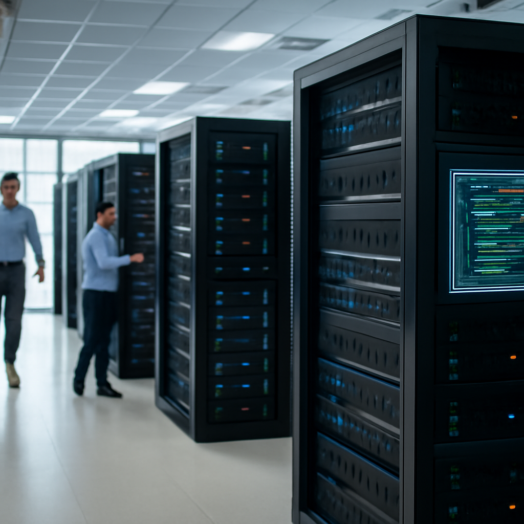 Rows of computer servers and networking equipment in a brightly-lit data center with technicians working in the background.