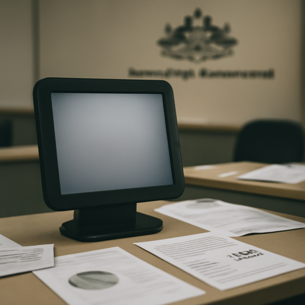 Government office setting with computer terminal and papers, Australian logo blurred in background.