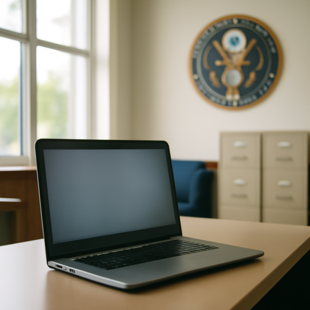 US government agency building interior with a computer terminal on a desk.