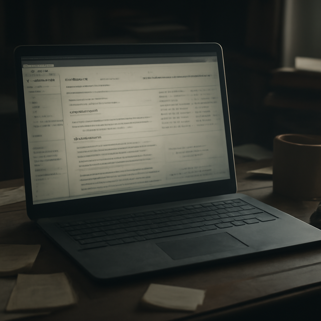 Dimly lit computer screen in a cluttered room shows a dusty wiki page with edit history and scattered notes nearby.