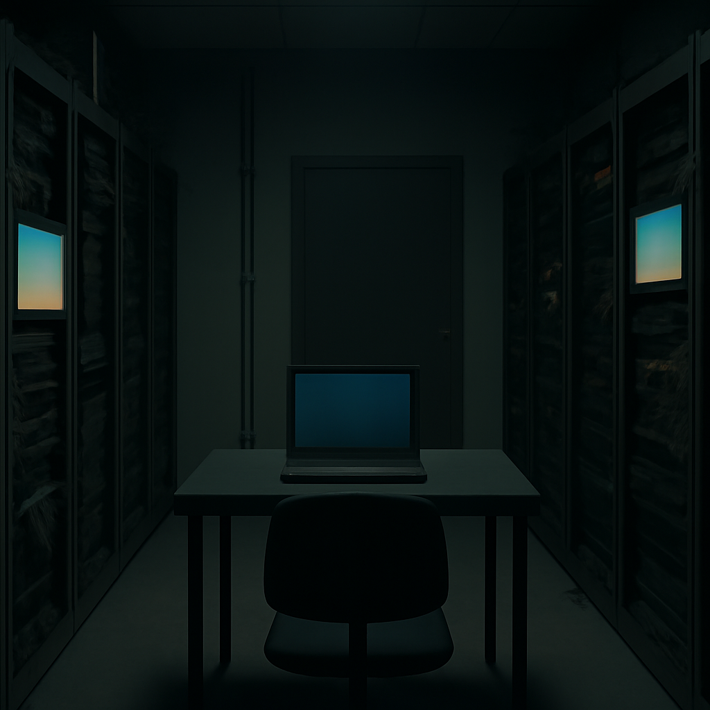 A dimly lit server room with rows of computer servers, networking equipment, and screens displaying abstract patterns,…