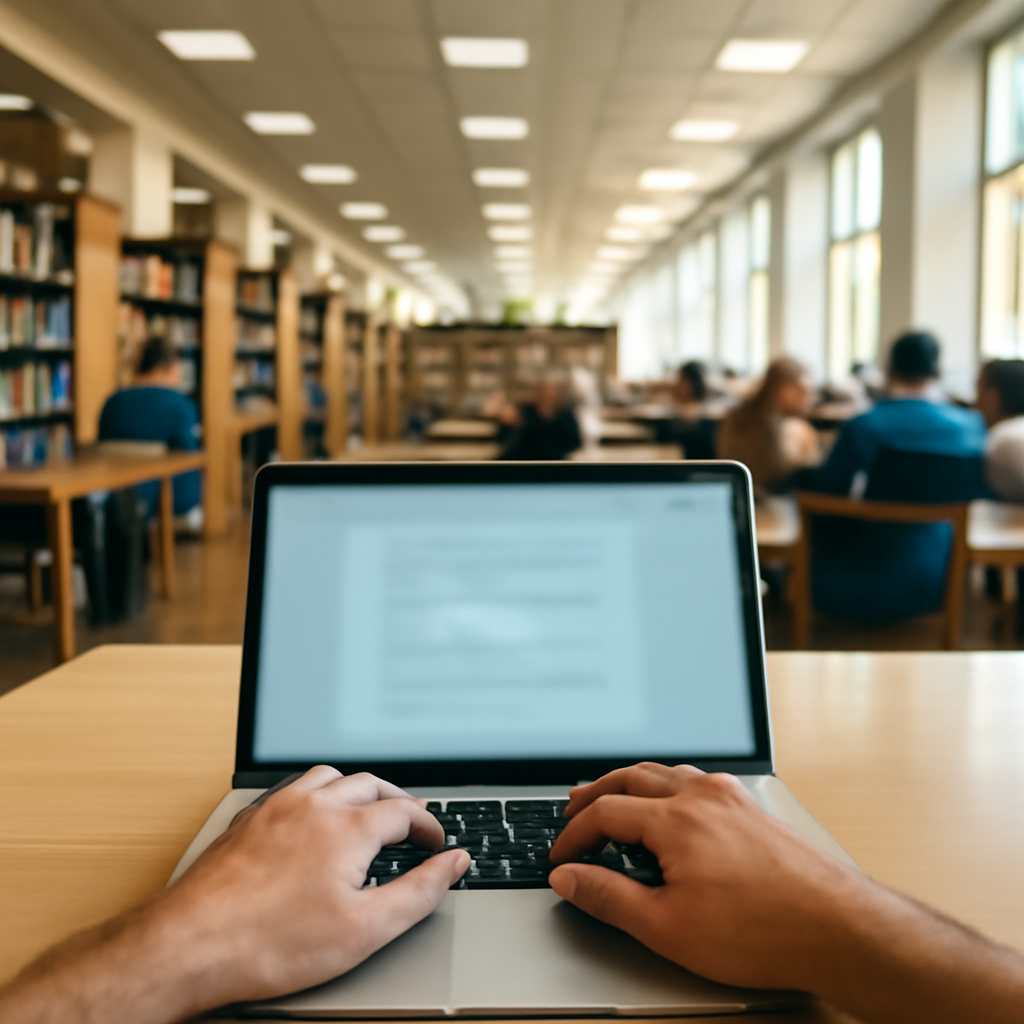 People work on laptops and read in a large, public library with rows of bookshelves and computer terminals.