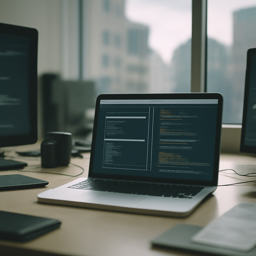 Cluttered computer workstation with open terminal windows and coding tools, set against a blurred office or city background.