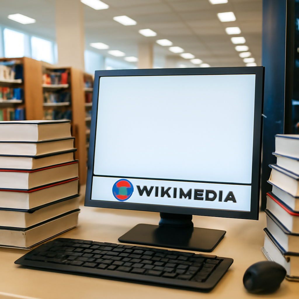 University library workstation with Wikimedia resources and blurred laptop screen.